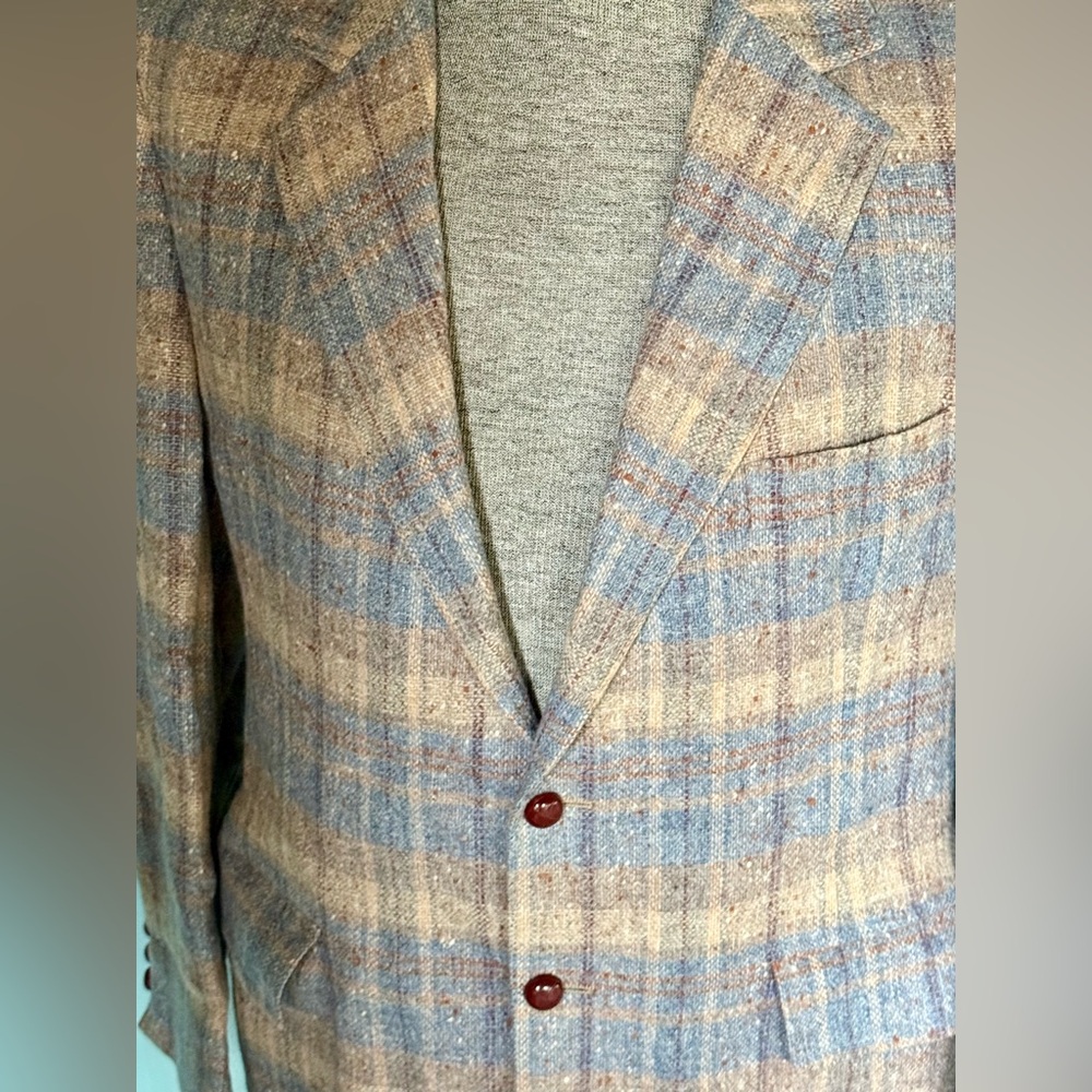 SOLD! The Broadway Men's Tartan Plaid Sport Coat Jacket Wool 44R Blu/Tan/Gray